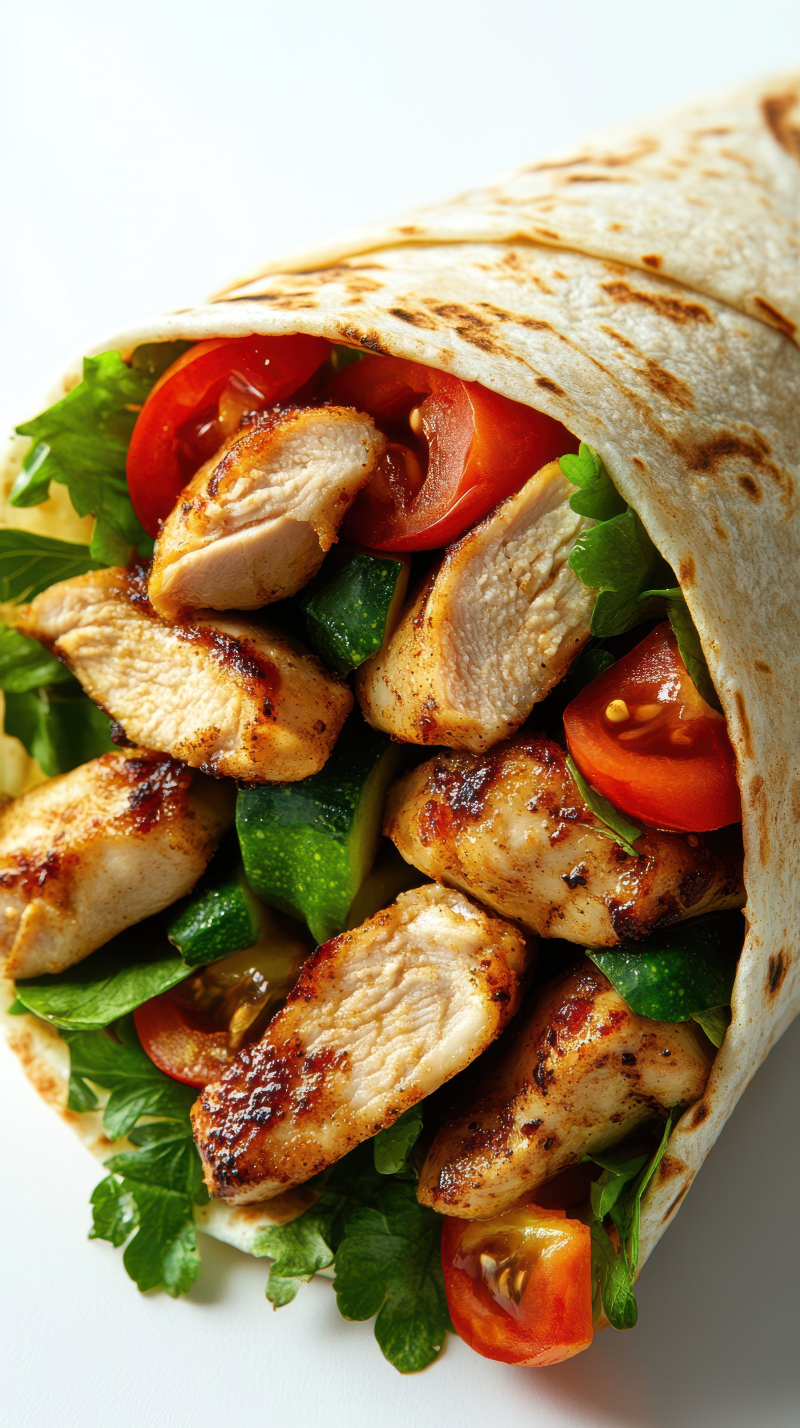 Grilled chicken wrap filled with fresh vegetables in a soft tortilla served on a white background